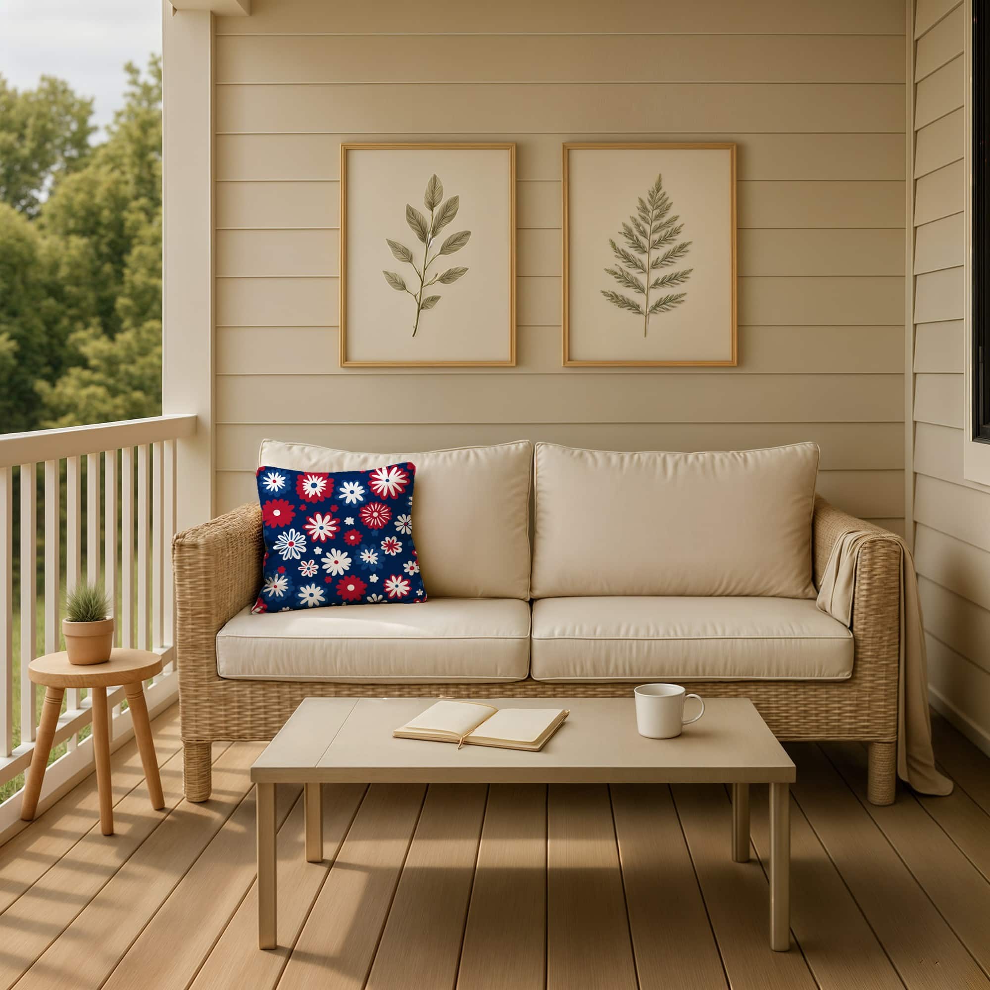 18" Patriotic Flower Doodle Indoor Outdoor Pillow